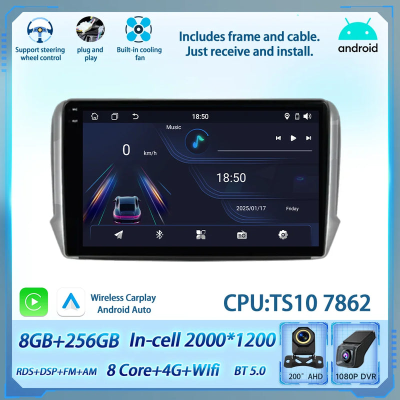 Autoradio CarPlay Peugeot 208 2008 2012-2018 Android Écran Tactile