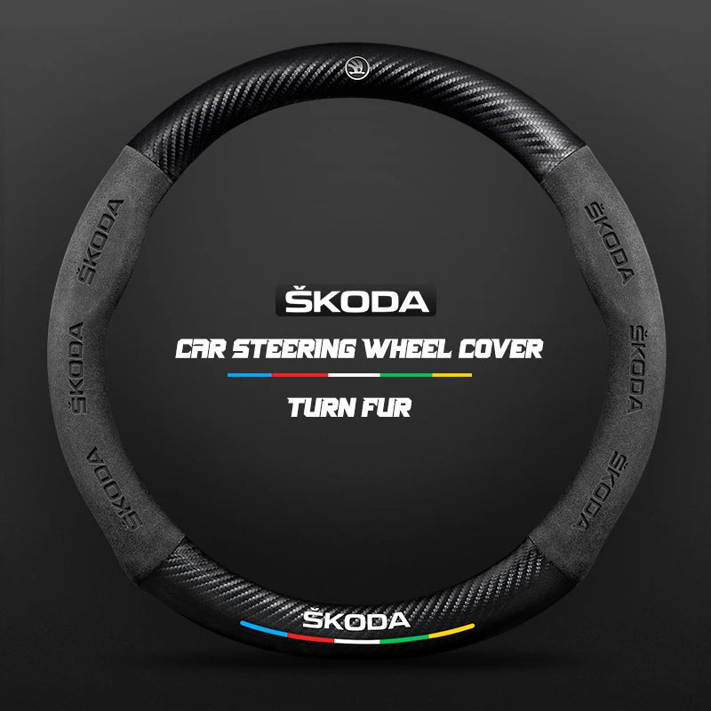 Couvre Volant Skoda Effet Carbone et Suédine, 37-38 cm, Forme D ou O, Octavia, Kodiaq, Karoq, Superb