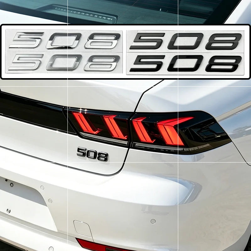 Logo Peugeot 208, 308, 408, 408X, 508 et 508L en ABS 3D, Emblème Lettres de Coffre Noir Brillant, Argent ou Gris