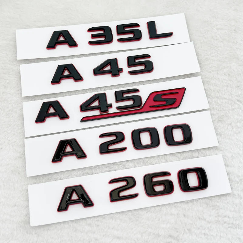 Emblème 3D Mercedes Classe A A35, A45, A45S, A200 à A300, Turbo 4Matic, Noir à Liseré Rouge