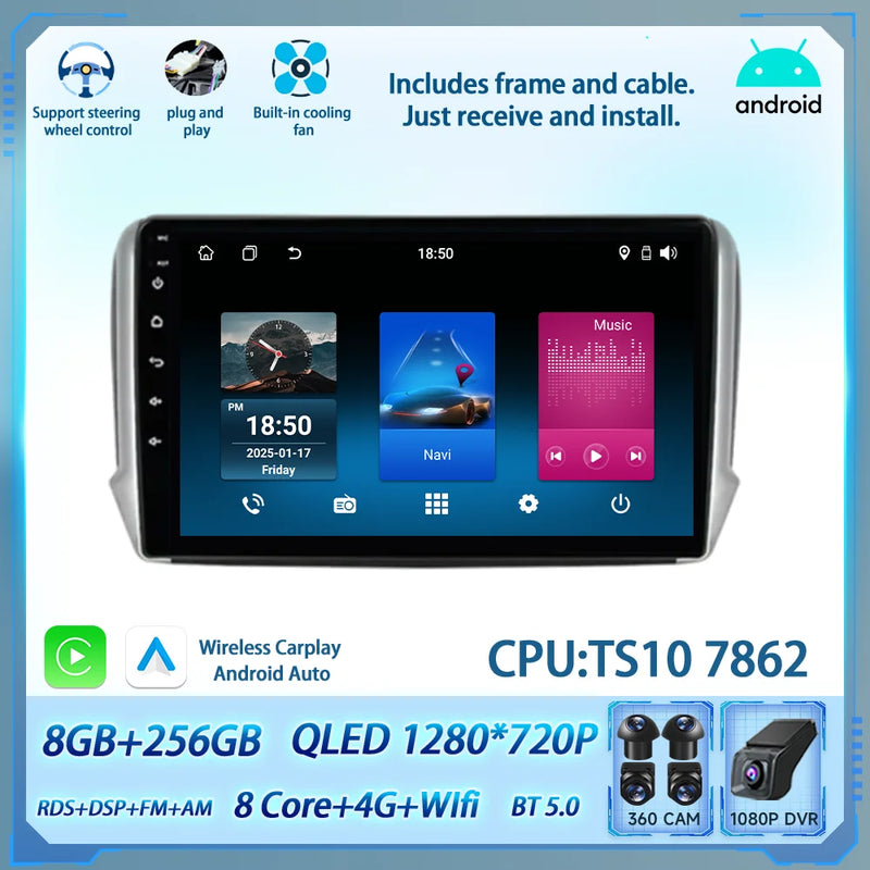 Autoradio CarPlay Peugeot 208 2008 2012-2018 Android Écran Tactile