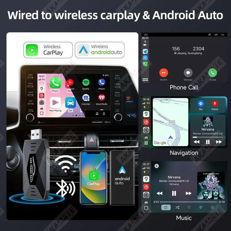 Boîtier CarPlay Sans Fil Android Auto Mini Clé USB Vidéo en Streaming