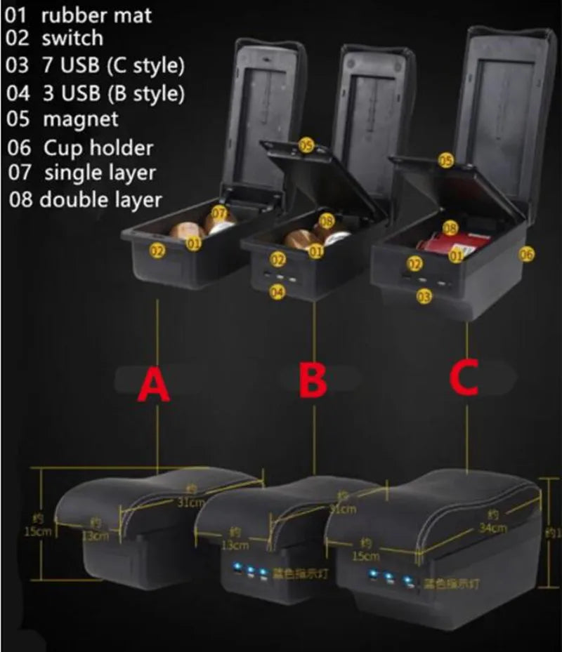 Accoudoir Central Citroën C3 C4 Rangement Simple ou Double 3 USB