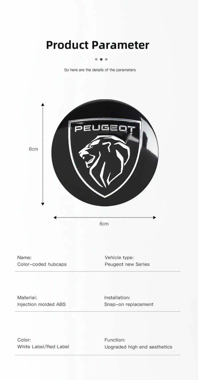 Cache-Moyeux Peugeot 60 mm, Lot de 4, Lion Noir, Argent ou Nouveau Blason, 206 à 508, 2008, 3008, 5008