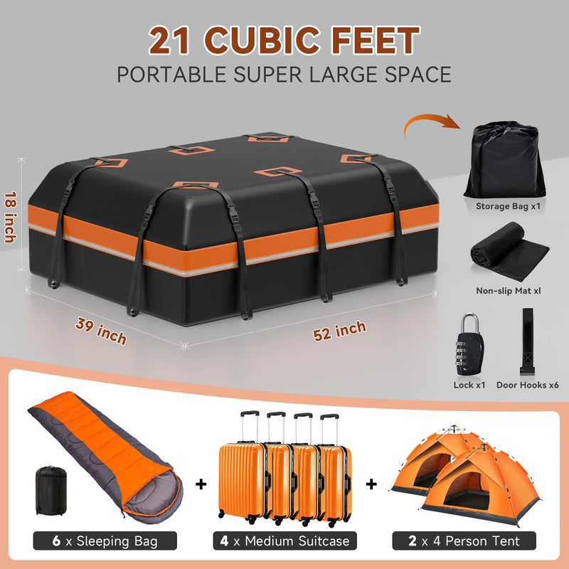 Sac de Toit Voiture 595 L Étanche 21 Pieds Cubes avec 6 Sangles et Fond Antidérapant