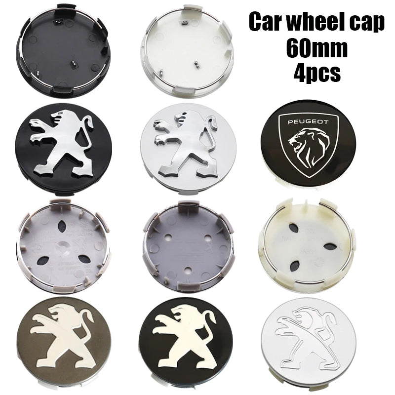 Cache-Moyeux Peugeot 60 mm avec Autocollant Alu, Lot de 4, Six Modèles, Ancien Lion ou Nouveau Blason