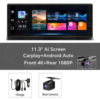 Dashcam 4K CarPlay Android Auto Écran 11,3 Pouces