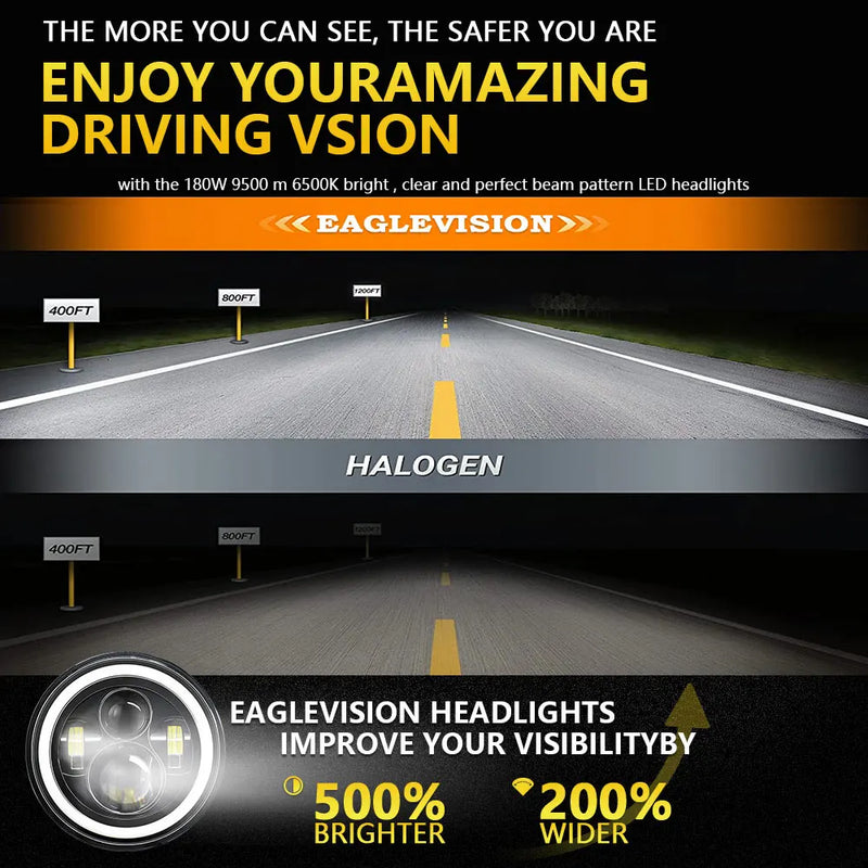 Phares LED 7 Pouces Halo Rouge Angel Eyes H4 Jeep Wrangler Universel