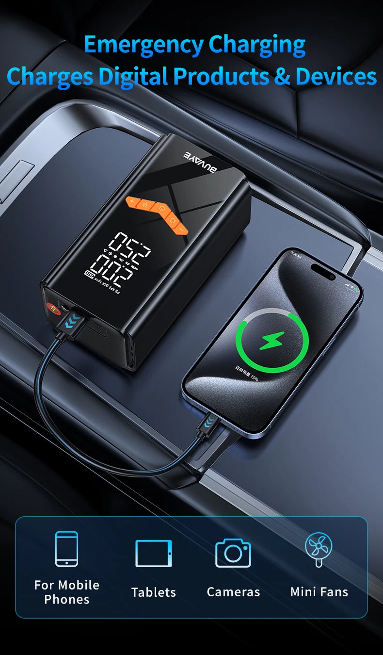 Booster de Batterie Voiture 4 en 1 avec Compresseur 150 PSI 25 L/min