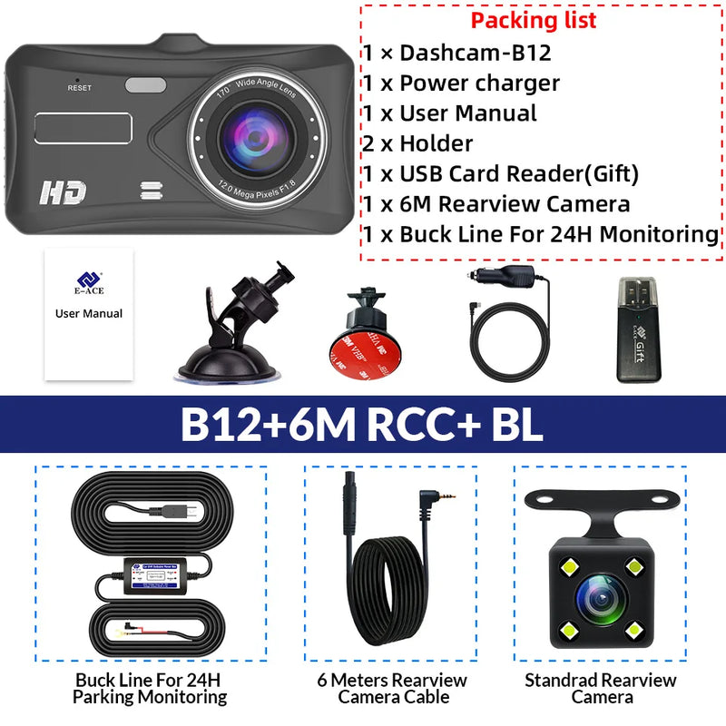 E-ACE 1080P Front and Rear Dashcam 4-Inch Touchscreen