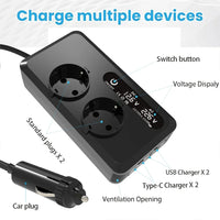 Convertisseur 12V 220V Voiture 200 W Allume-Cigare 2 Prises 2 USB 2 USB-C Écran LCD