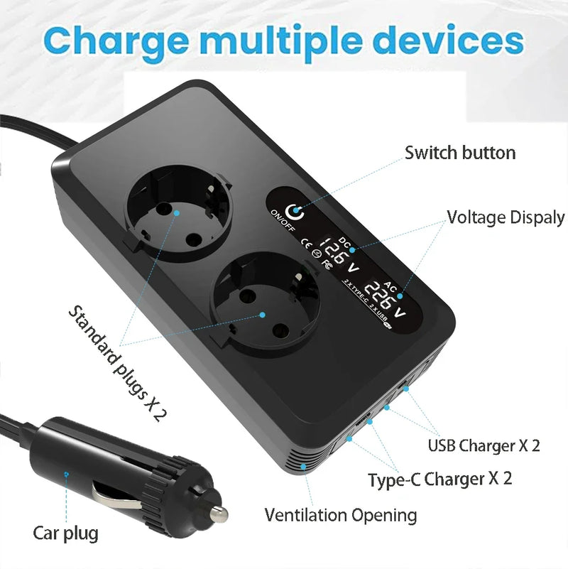 Convertisseur 12V 220V Voiture 200 W Allume-Cigare 2 Prises 2 USB 2 USB-C Écran LCD