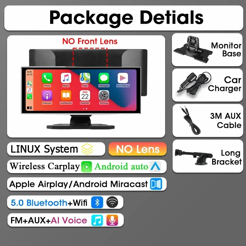 Dashcam Srnubi 11,26 Pouces 4K CarPlay Android Auto