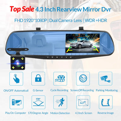 Dashcam Miroir 4,3 Pouces Double Objectif 1080P