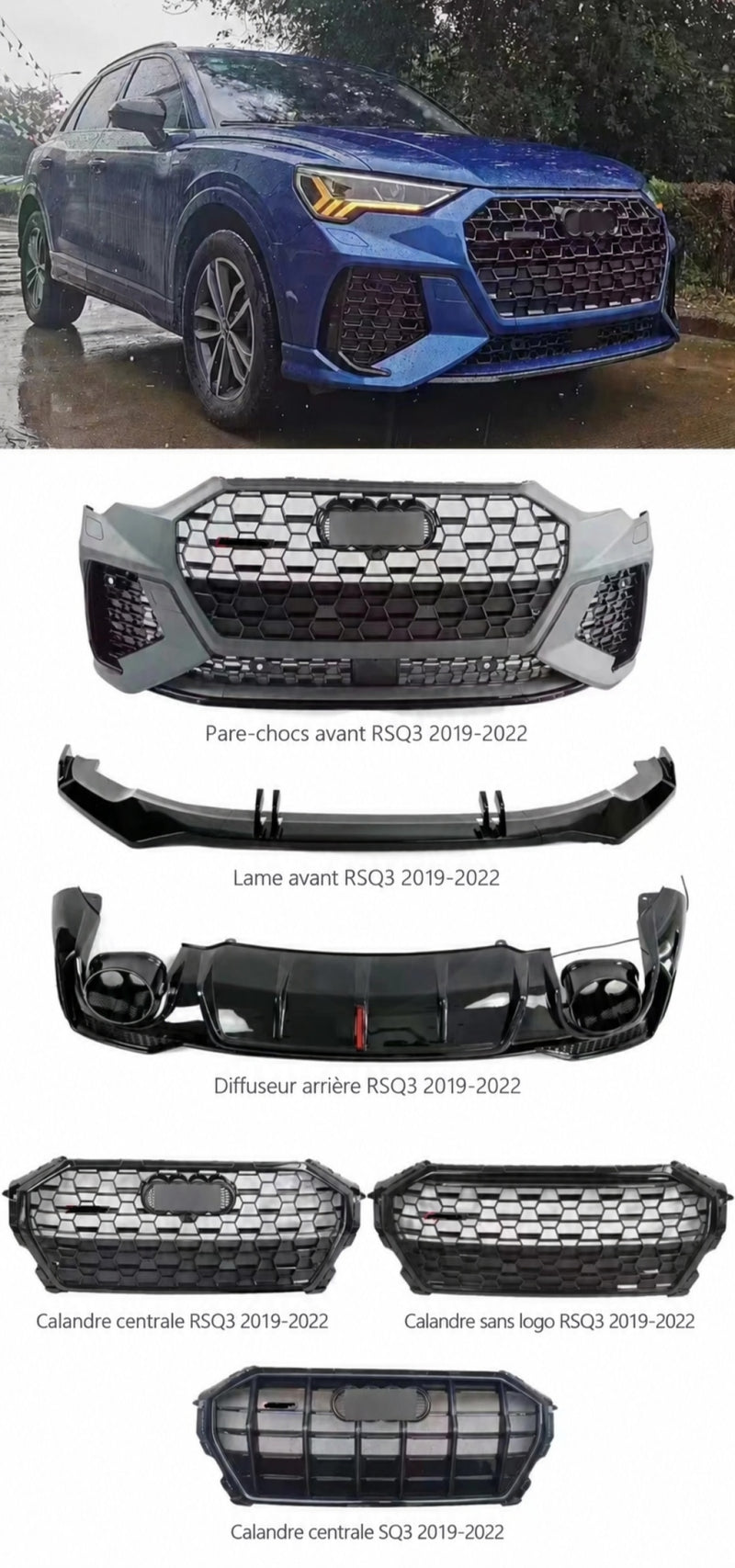 Kit Carrosserie Look RSQ3 Audi Q3 2019-2022 : Pare-Chocs, Lèvre, Diffuseur Arrière et Embouts d'Échappement