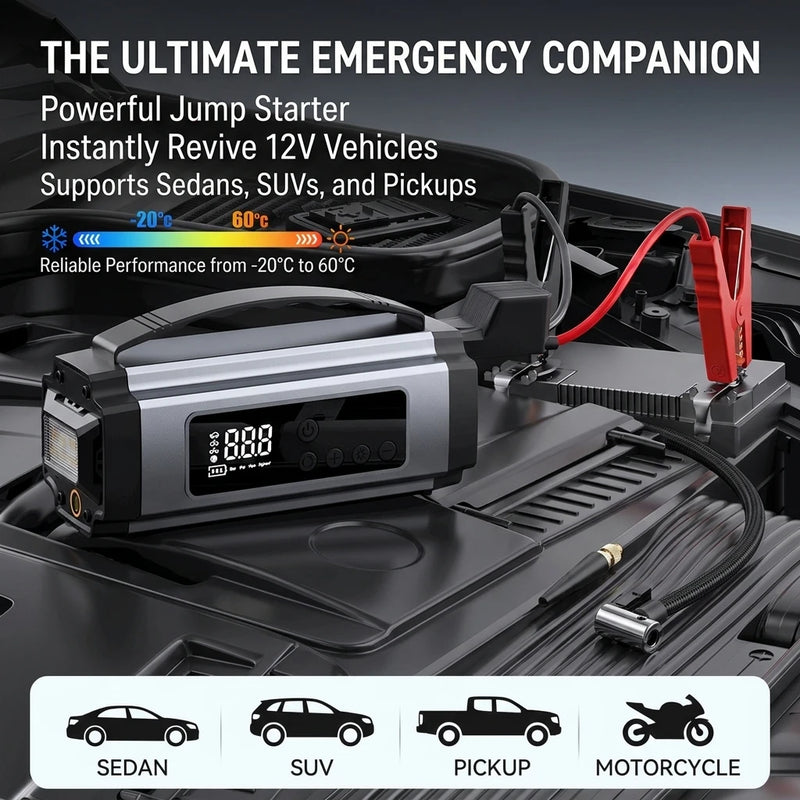Booster de Batterie Voiture 12V avec Compresseur 150 PSI Écran Numérique