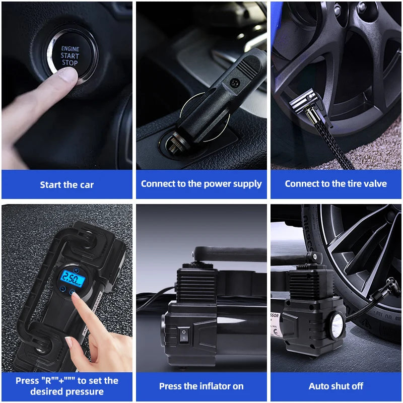 Compresseur de Pneu Voiture 12V Double Cylindre Manomètre ou Écran