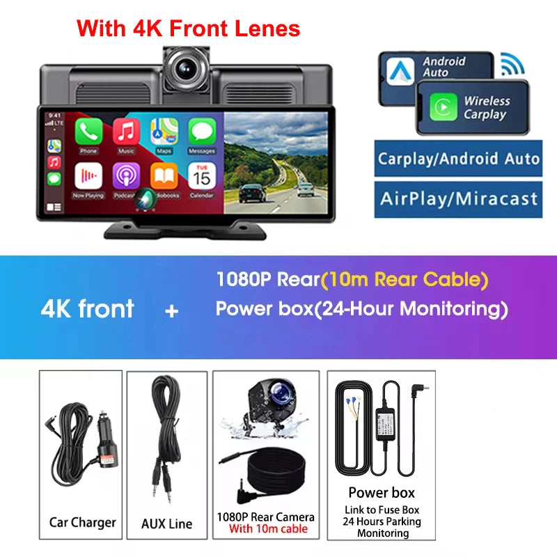Dashcam Srnubi 10,26 Pouces 4K CarPlay Android Auto