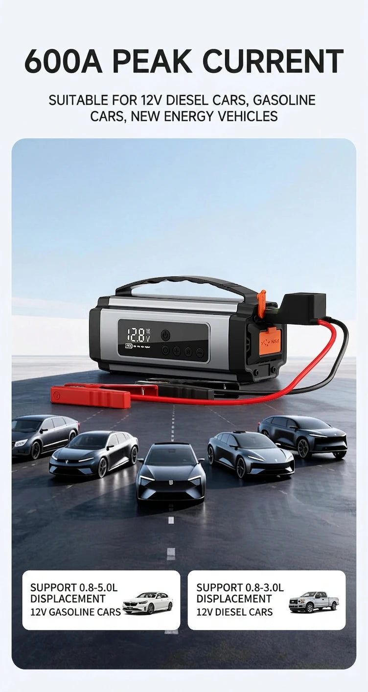Booster de Batterie Voiture 12V avec Compresseur 150 PSI Écran Numérique