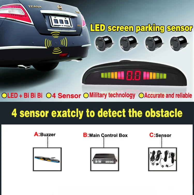 Radar de Recul 4 Capteurs Écran LED Alerte Sonore