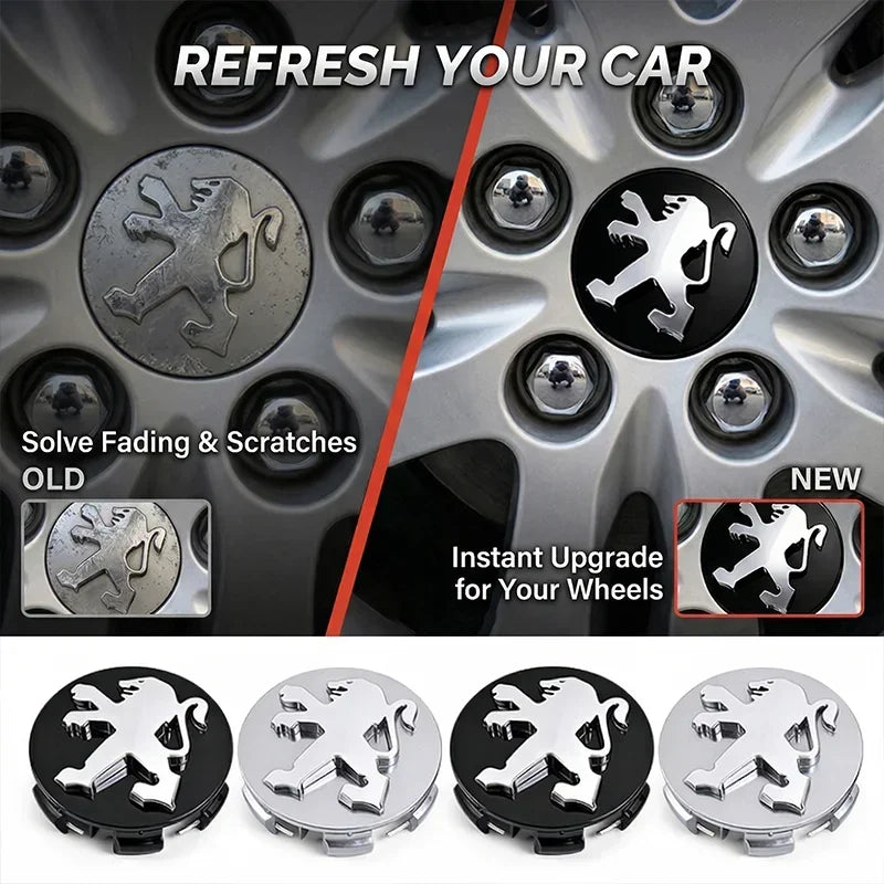 Cache-Moyeux Peugeot 60 mm Premium, Lot de 4, Argent ou Noir, 206, 207, 208, 307, 308, 408, 508, 2008, 3008, RCZ