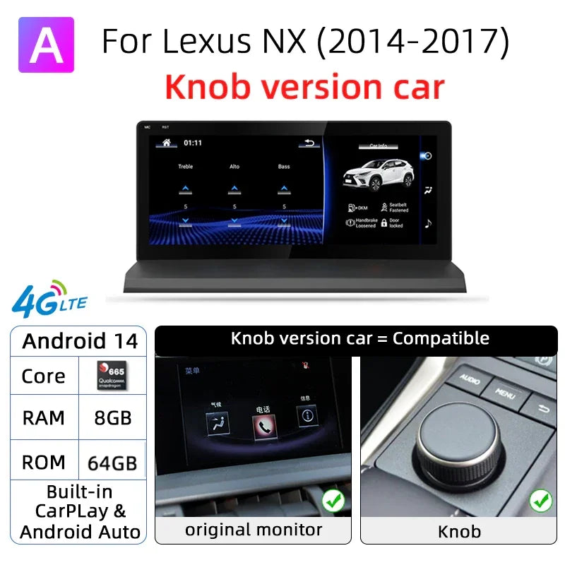 Autoradio Android 14 Lexus NX 200 200t 300h 2014-2021 Écran 10,25 Pouces CarPlay DSP GPS