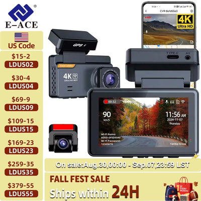 Dashcam E-ACE B46P 4K Double Objectif GPS WiFi