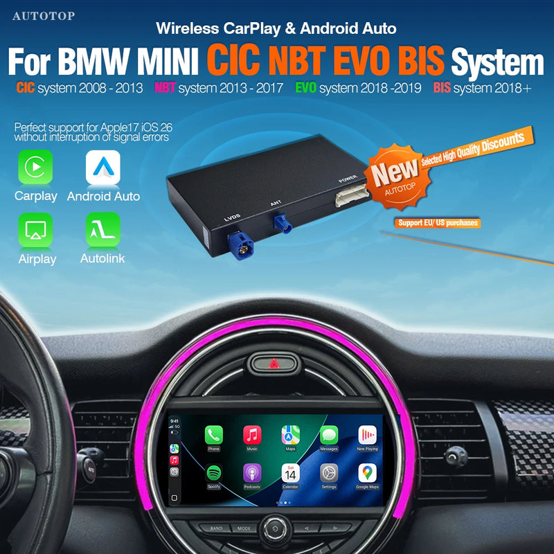 Boîtier CarPlay Sans Fil Android Auto Mini Cooper R55 R56 R57 R58 R60 R61 F54 F55 F56 Clubman Countryman