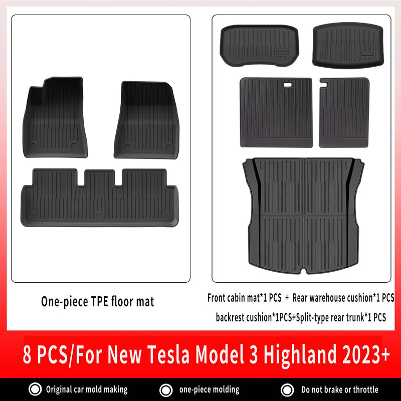 Tapis de Sol Tesla Model 3 Highland 2024-2026 TPE Ensemble 3 à 12 Pièces Simple ou Double Couche
