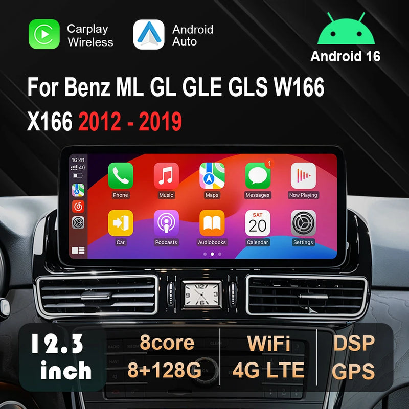 Autoradio Android 16 Mercedes ML GL GLE GLS W166 X166 2012-2019 Écran 12,3 pouces CarPlay NTG