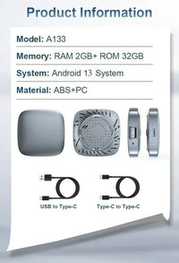Boîtier CarPlay AI Box Android 13 Sans Fil 2 Go RAM Gris ou Noir