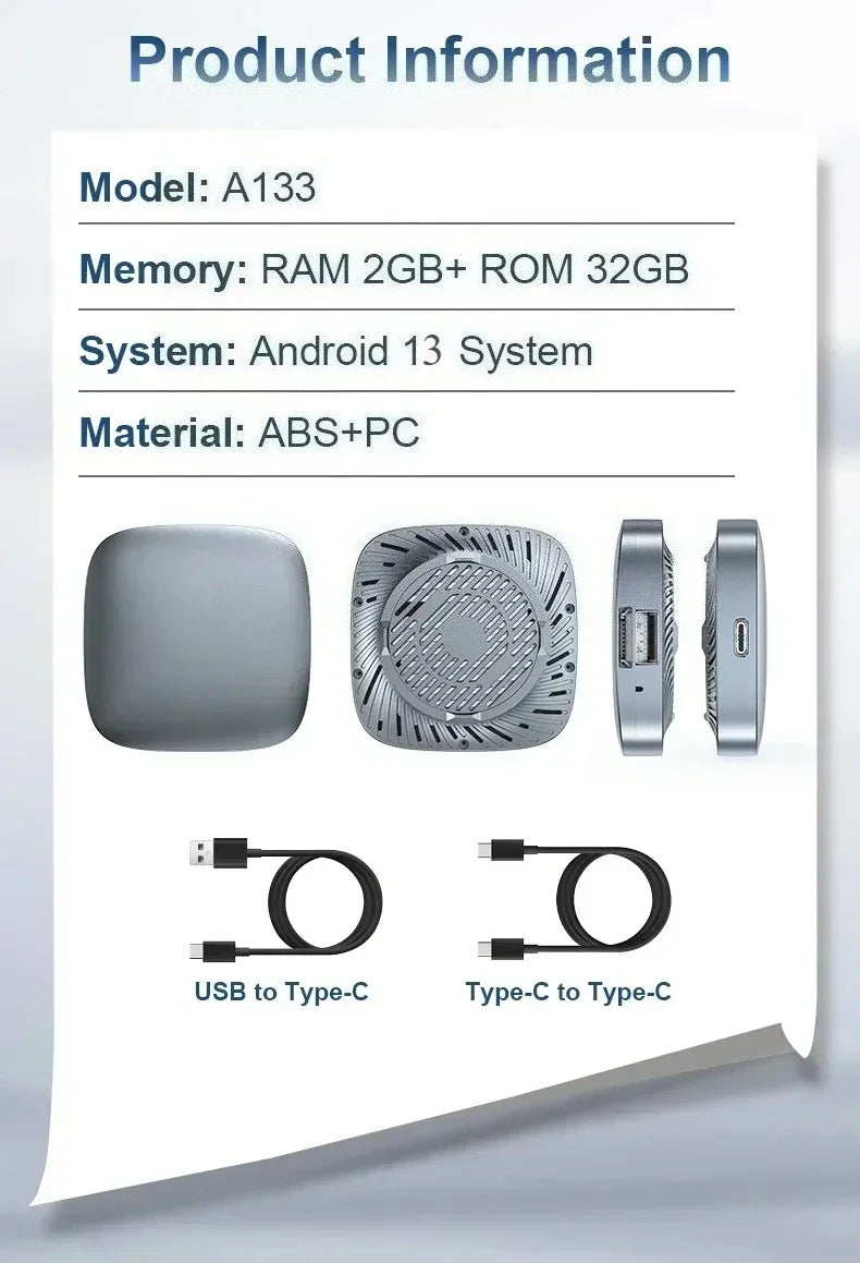 Boîtier CarPlay AI Box Android 13 Sans Fil 2 Go RAM Gris ou Noir