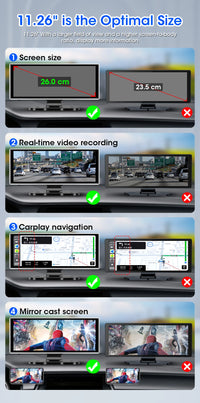 Dashcam 4K Écran CarPlay Sans Fil 11,26 ou 10,26 Pouces Double Caméra