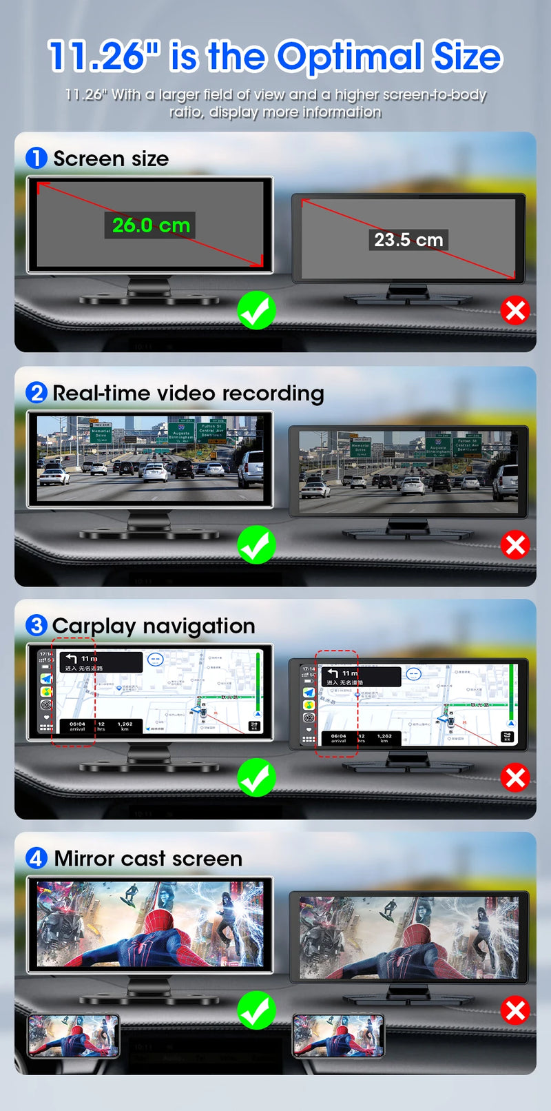 Dashcam 4K Écran CarPlay Sans Fil 11,26 ou 10,26 Pouces Double Caméra