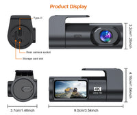 Dashcam 4K UHD Wi-Fi avec GPS, Caméra de Recul 4K en Option, Vision Nocturne et Surveillance de Stationnement 24 h