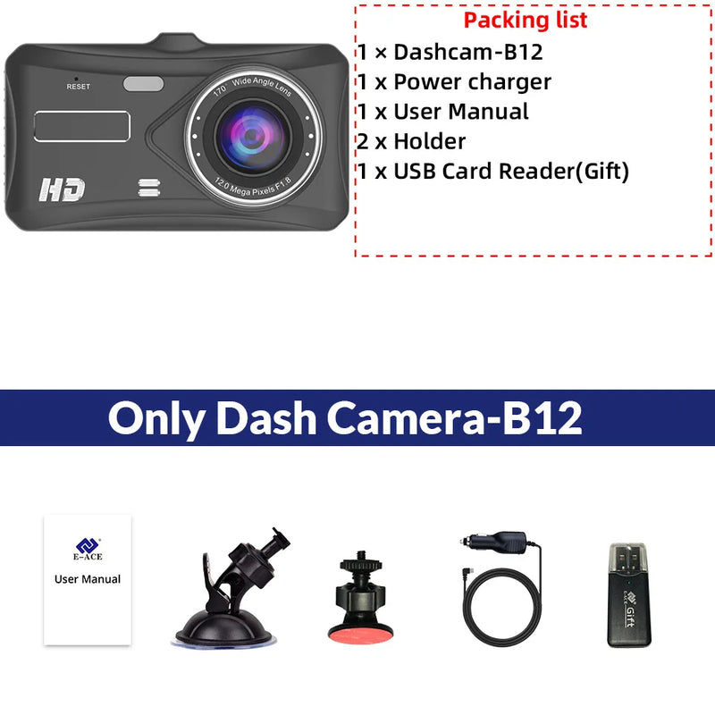 E-ACE 1080P Front and Rear Dashcam 4-Inch Touchscreen