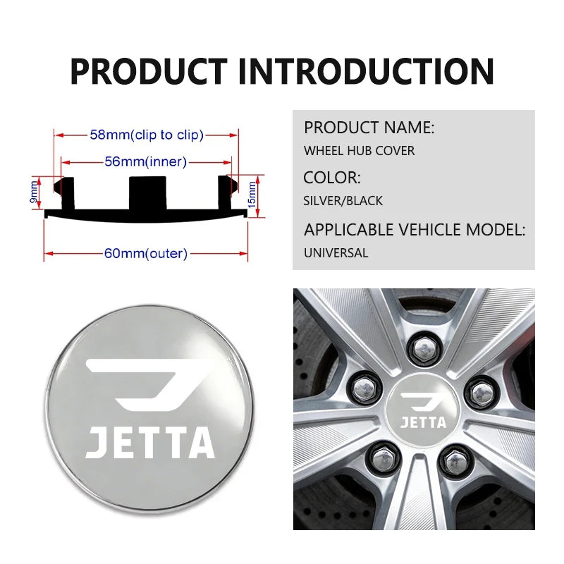 Cache-Moyeux Volkswagen Jetta 56 et 60 mm avec Autocollants Adhésifs, Lot de 4, Noir ou Argent