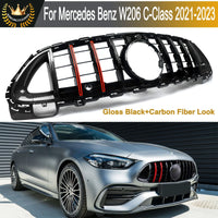 Calandre Panamericana Mercedes Classe C W206 2021-2023 Noir Brillant Barres Rouges Look Carbone