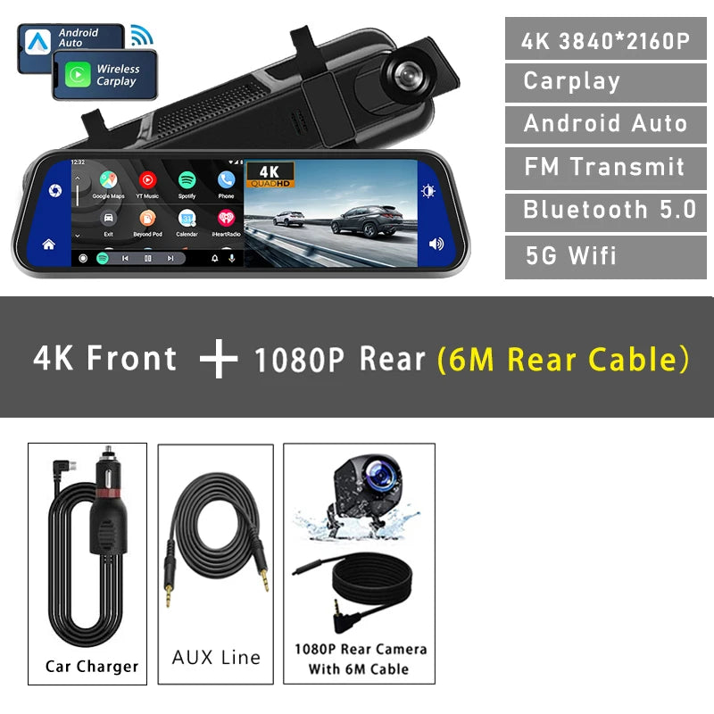 Dashcam 10 Pouces 4K CarPlay Android Auto OLESED
