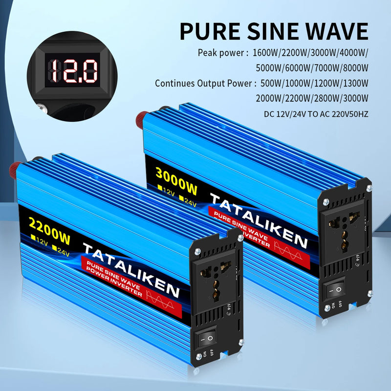 Convertisseur 12V 220V Voiture Pur Sinus 1000 à 6000 W Onduleur 12 V 24 V