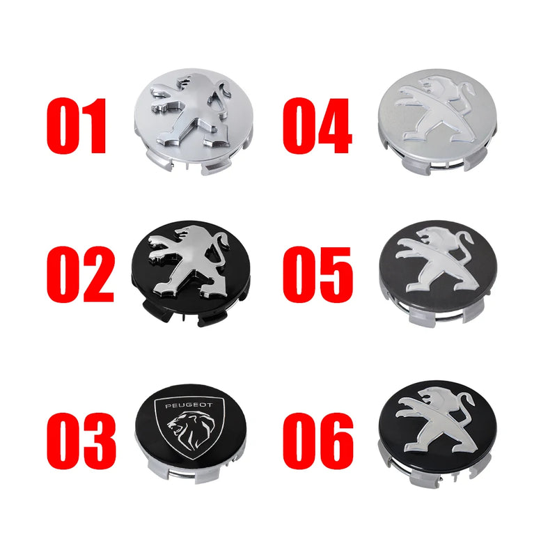 Cache-Moyeux Peugeot 60 mm, Lot de 4, Six Modèles Noir, Argent ou Gris, 106 à 508, 2008, 3008, 5008