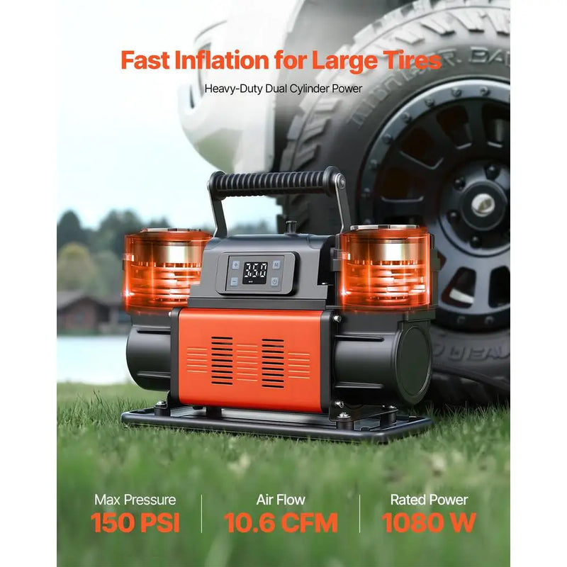 Gonfleur de Pneus 12 V 300 L/min Compresseur d'Air Double Cylindre 1080 W avec Arrêt Automatique pour 4x4