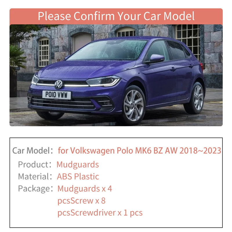 Garde-Boue VW Polo 6 BZ AW 2018-2023 Jeu de 4 Bavettes Avant et Arrière en ABS