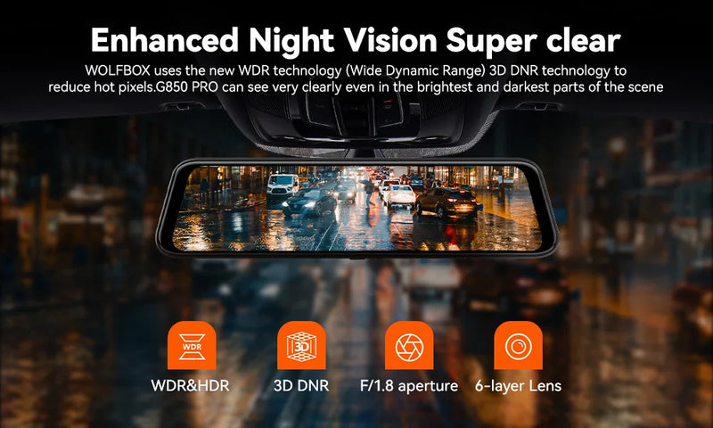 Dashcam Miroir Wolfbox G930 4K avec Écran Tactile, Wi-Fi 5,8 GHz, GPS et Caméra de Recul, Surveillance de Parking