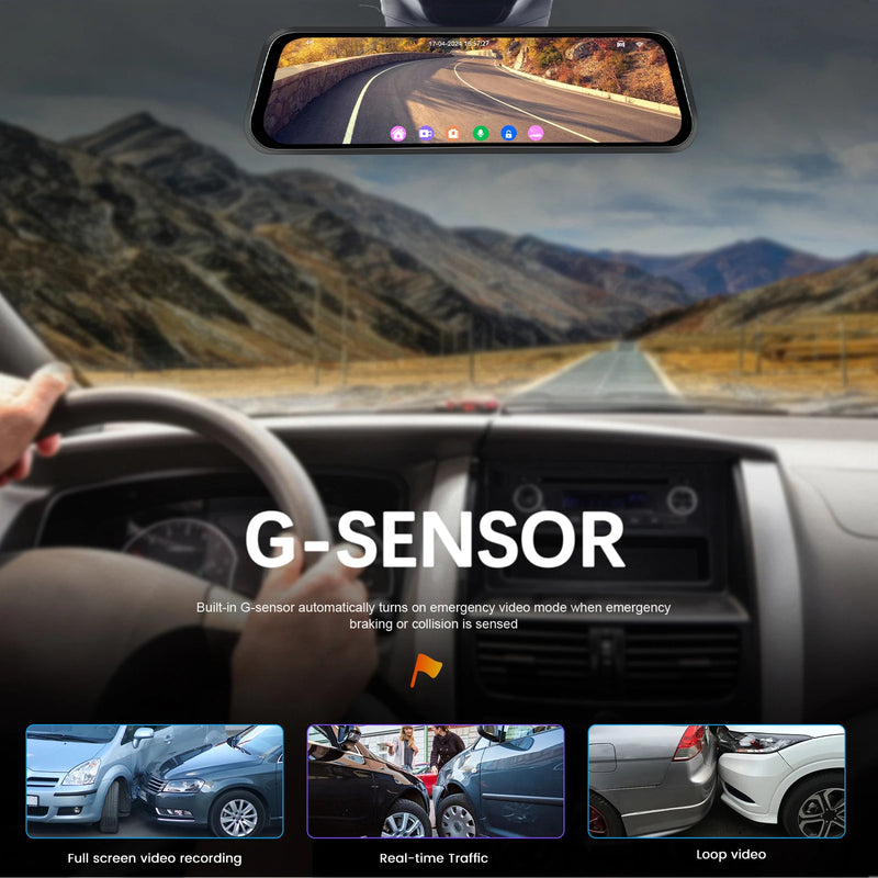 Dashcam Miroir Podofo 4K Écran Tactile 9,66 Pouces avec Caméra de Recul, Vision Nocturne et Surveillance 24 h