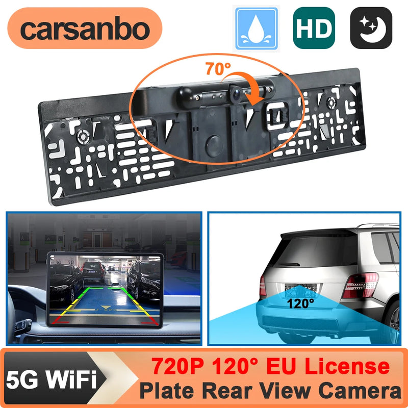 Caméra de Recul WiFi pour Plaque d'Immatriculation Européenne Carsanbo HD 720P 120° avec Vision Nocturne IR, Étanche, pour iOS et Android