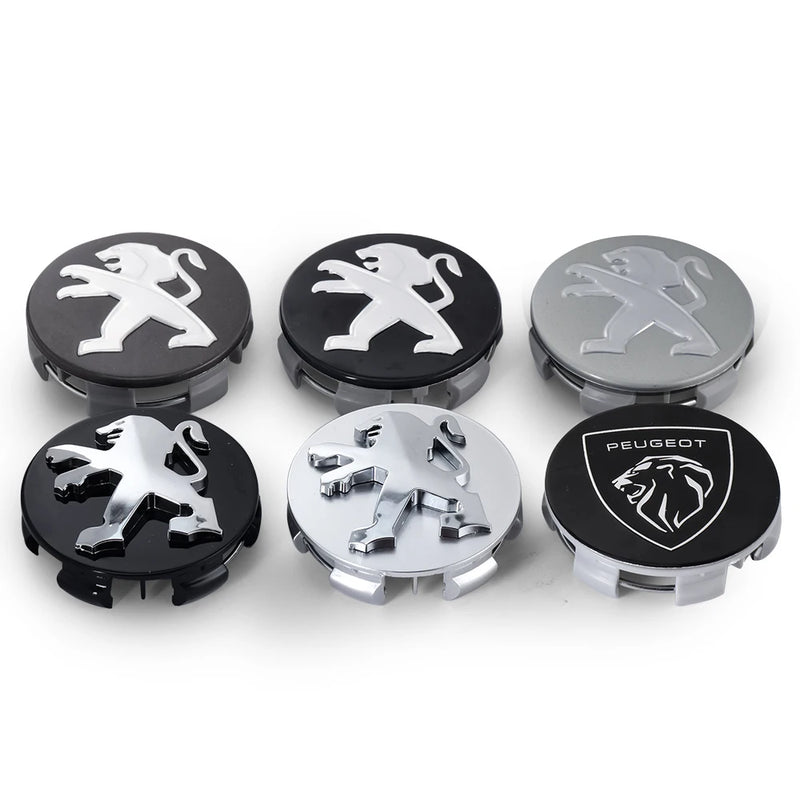 Cache-Moyeux Peugeot 60 mm, Lot de 4, Six Modèles Noir, Argent ou Gris, 106 à 508, 2008, 3008, 5008