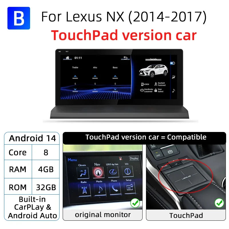 Autoradio Android 14 Lexus NX 200 200t 300h 2014-2021 Écran 10,25 Pouces CarPlay DSP GPS