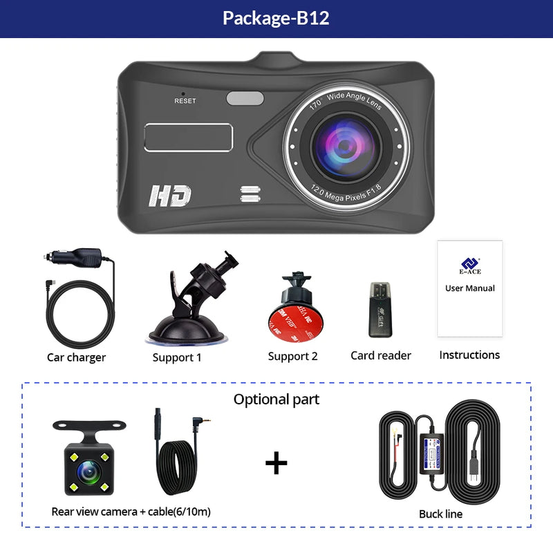E-ACE 1080P Front and Rear Dashcam 4-Inch Touchscreen