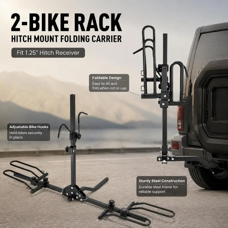 Porte-Vélos sur Attelage pour 2 Vélos Pliable et Inclinable Charge 36 kg avec Récepteur 1,25 Pouce pour Voiture, SUV et Camping-Car
